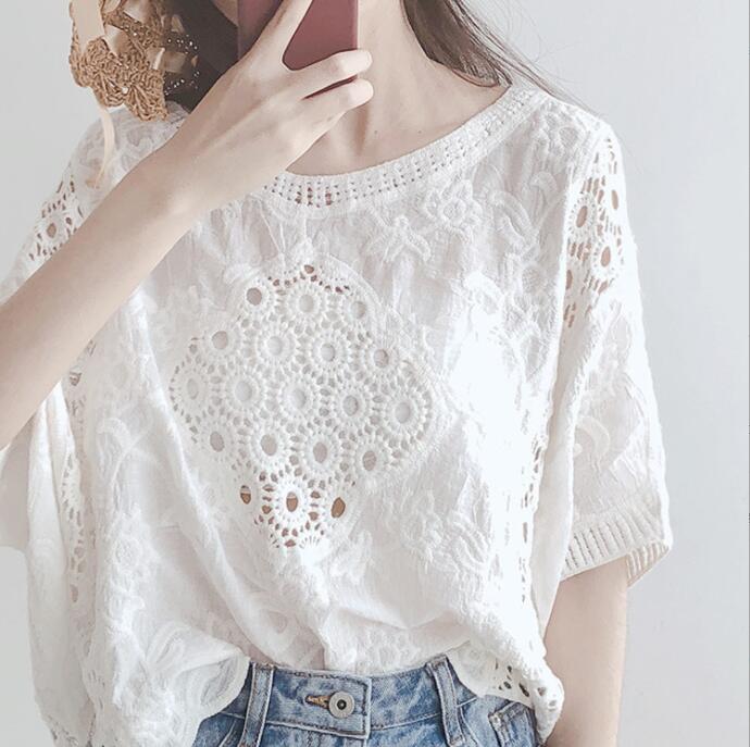レース ブラウス レディース トップス 半袖 レースブラウス 夏 プルオーバー Tシャツ 花柄 透かし彫り シースルー 透け感 綿 コットンレース ブラウス レディース トップストップス Tシャツ カ