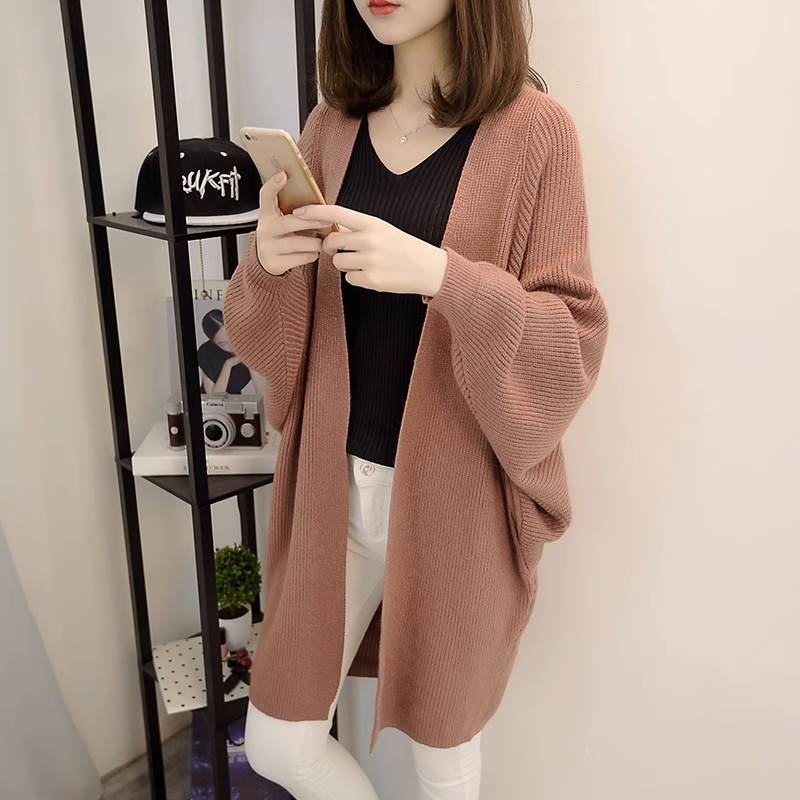 アウター カーディガン ロング 長袖 ワイド ニット 厚手 かわいい おしゃれ 無地 秋 冬 10代 20代 30代 レディース 前開き ポケット Vネック ドルマンスリーブ 灰 2XL 3XL 黒ア