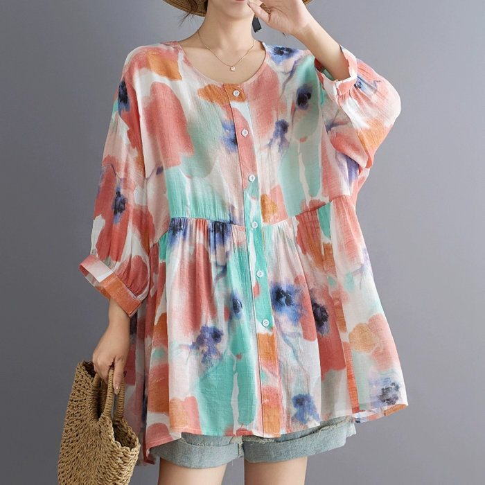 チュニック ロングシャツ 半袖 レディース シャツ トップス プリント ロング 春物 花柄 薄手 ブラウス Tシャツ 大きいサイズ 五分袖 春 夏 体型カバー ゆったり きれいめ ミドル丈チュニック 