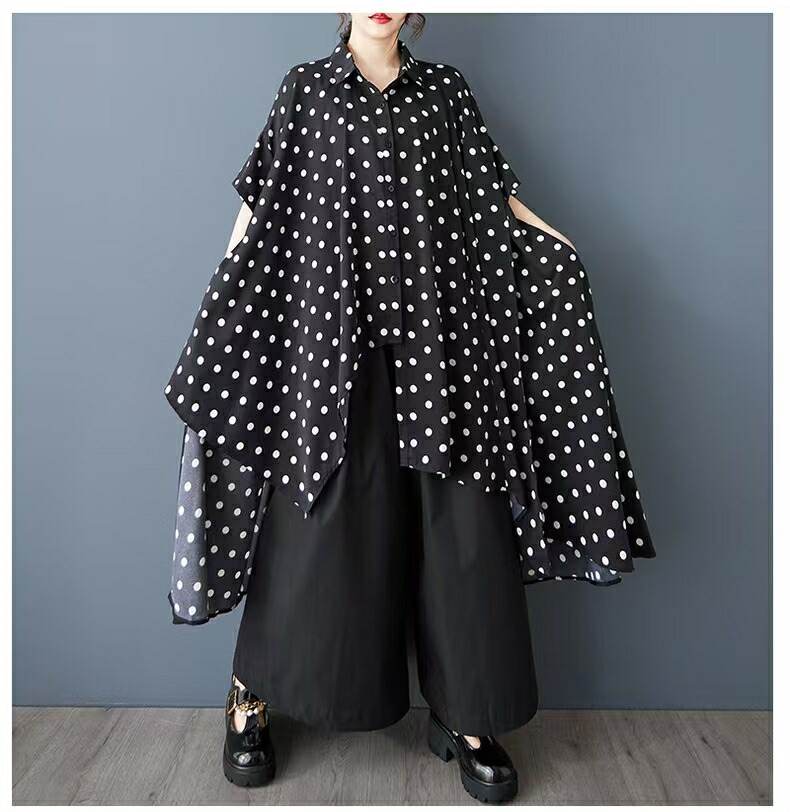 チュニック ワンピース ドット 水玉 春 半袖 ロングシャツ 夏 シャツワンピース シャツ きれいめ 可愛い 大人 ワンピ カジュアル レディース プリント 体型カバー 上品 ロングス オーバーサイズ