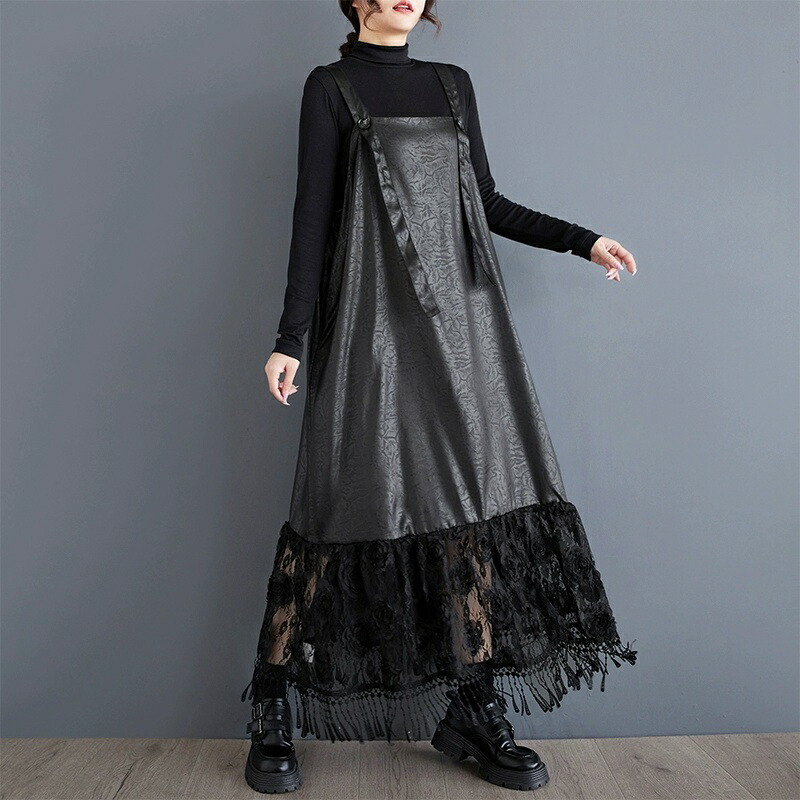 レース ジャンパースカート マキシ ワンピース 大人可愛い 秋冬 レディース ジャンスカ サロペット スカート 春 キャミワンピ pu 切替え パーカー オーバーオール オールインワ ロングワンピース