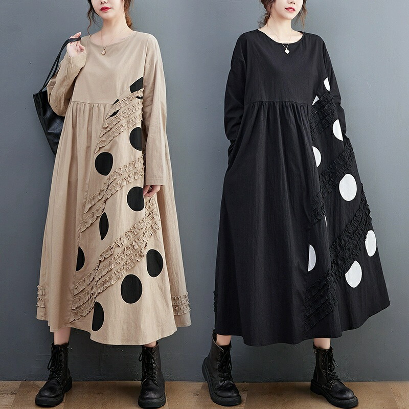 ロングワンピース シャツワンピース ロングシャツワンピース ワンピース 水玉 長袖 秋 レディース チュニック 大きいサイズ ドットプリント 切り替え Tシャツワンピース 体型カバー 着痩せ マキシロ