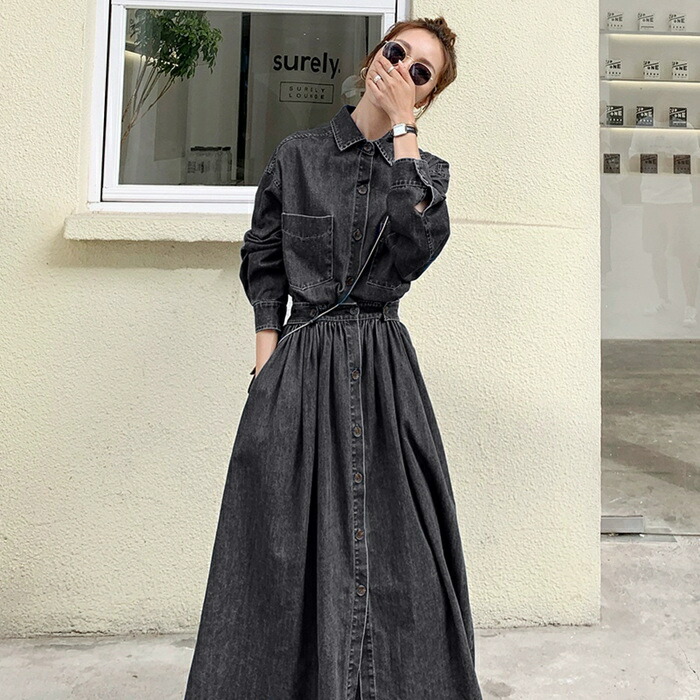 ワンピース デニム シャツワンピース マキシ 黒 コート アウター 長袖 レディース ジャケット ロングシャツ トップス 大きいサイズ 無地 ビッグ チュニック 大人可愛い カットソー オー きれいめ
