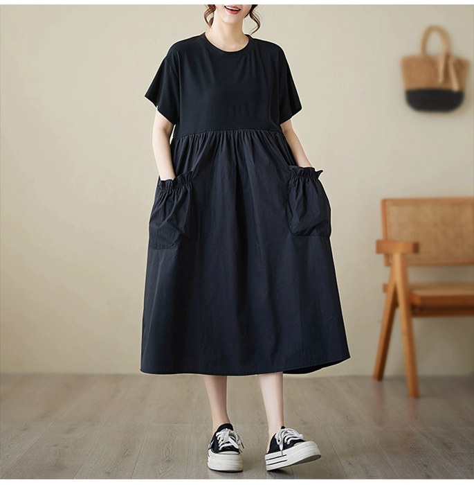 ワンピース ロングワンピース 黒 半袖 夏 Tシャツワンピ ワンピ チュニック シャツワンピース ロング レディース プルオーバー オーバーサイズ 大きいサイズ きれいめ ロングスカート 体型カバーワ