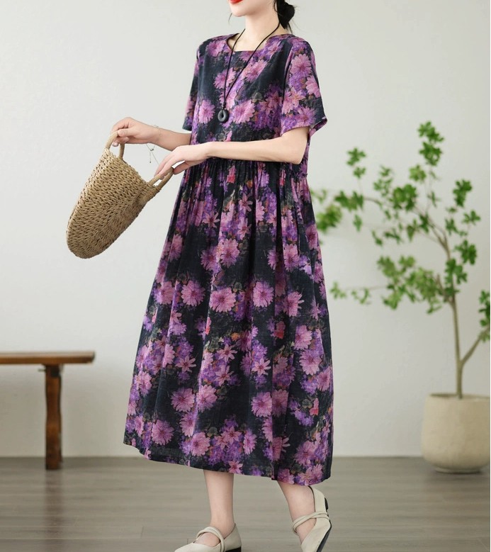 ワンピース レディース 夏 半袖 ロングワンピース 大人可愛い チュニック プリント 花柄 シャツワンピース 春 きれいめ 切替 ワンピ スカート 体型カバー プルオーバー ドレス カジュアルワ 上品