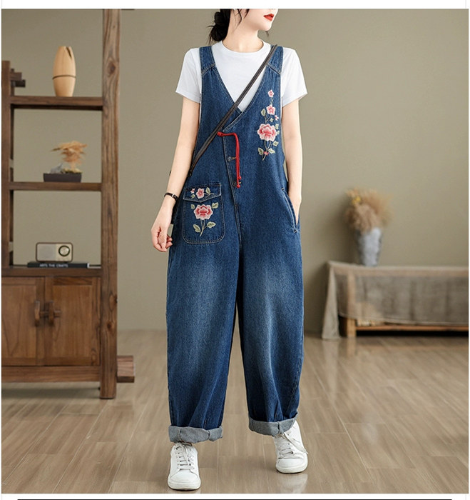デニム オーバーオール 刺繍 サロペット ボトムス オールインワン ロング パンツ 夏 春 秋 大きいサイズ レディース ロンパース 作業服 つなぎ キャミ カジュアル サルエルパン ジャンパースカー