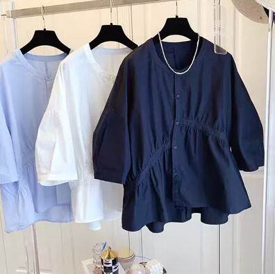 トップス ブラウス 袖あり 7分袖 七分袖 ラウンドネック 襟なし ワイド 前開き 薄手 かわいい 可愛い きれいめ シンプル カジュアル 大人 上品 おしゃれ かっこいい レトロ 大人可愛い お洒落
