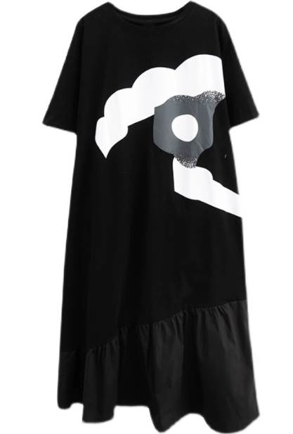 レディース ワンピース ロング 半袖 5分袖 ラウンドネック ワイド フレア タックプリーツ Aライン 切り替え ポケット 薄手 大人可愛い カジュアル おしゃれ レトロ ガーリー ルーズ 個性 ラフ