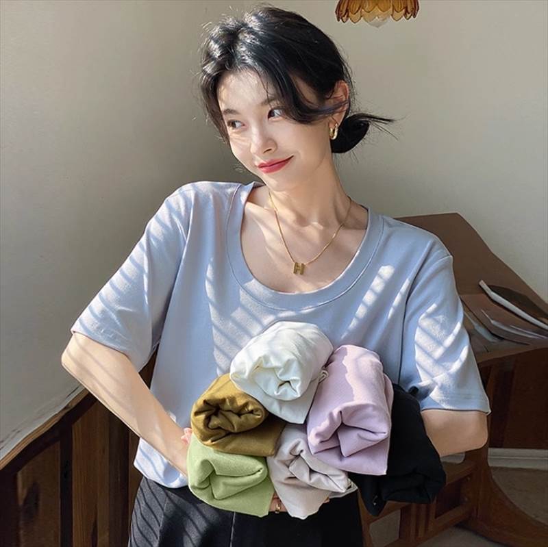 レディース シャツ Tシャツ ショート 半袖 Uネック ストレート かわいい 大人可愛い きれいめ シンプル カジュアル おしゃれ レトロ こなれ感 ラフ メンズライク ルーズ クール 抜け ガーリー