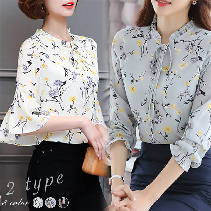 2A3 花柄シフォンブラウス レディース 半袖 長袖 シフォン ブラウス フレアスリーブ リボン チュニック ボタニカル フレア袖2A3 花柄シフォンブラウス レディー レディースファッション 割引 