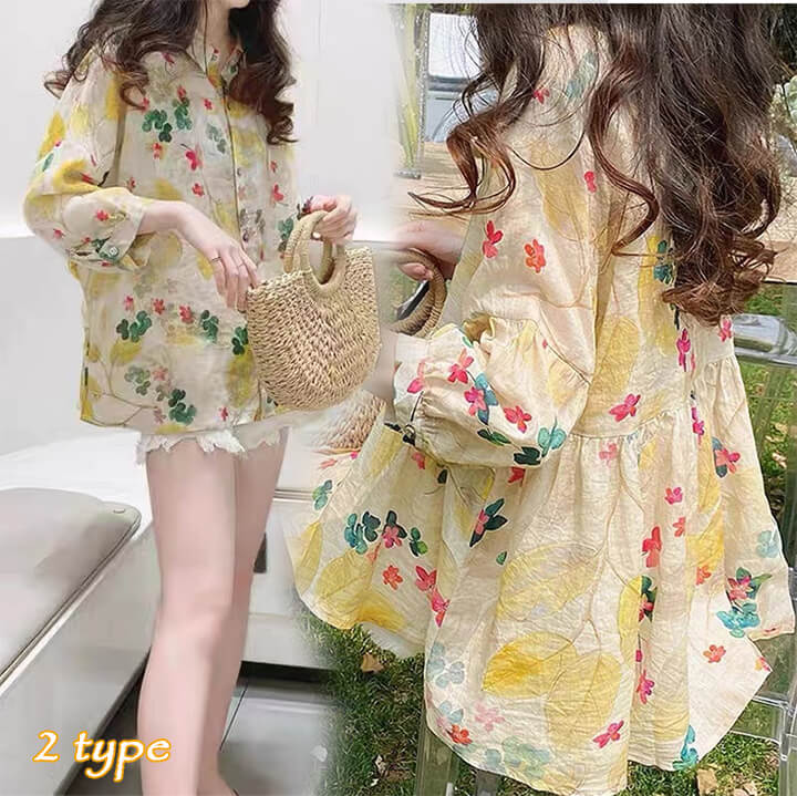 2A34綿麻シャツブラウス レディース ２タイプ 花 植物 プリーツ切り替え スタンドカラー 七分袖 プリーツ 春 春夏 おしゃれ タックスリーブ トップス 体型カバー 夏 無地 切り替えブラウス2A