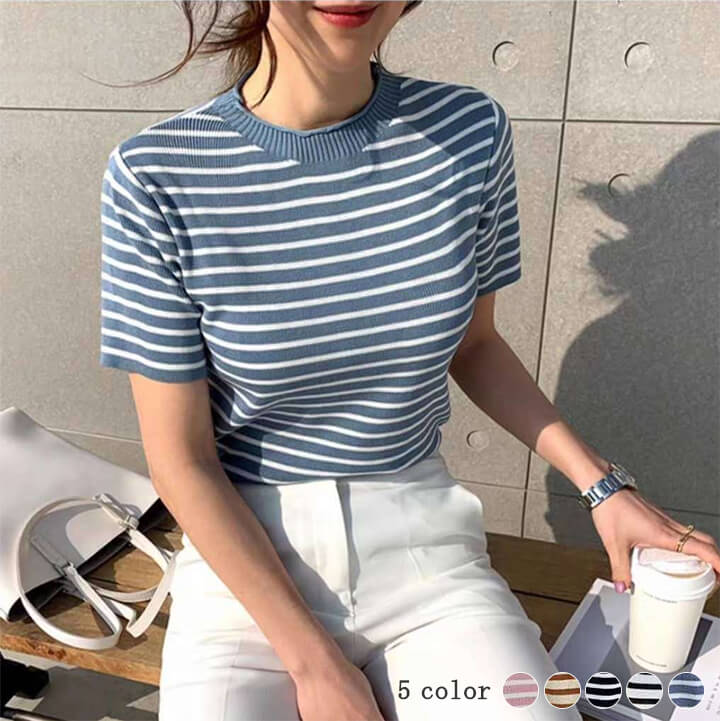 2A32 クルーネックボーダーTシャツ 半袖 ５カラー ニット半袖ボーダー T レディース ボーダー トップス カットソー ポロ カジュアル シンプル 上品 大人 おしゃれ きれいめ2A32 クルーネ